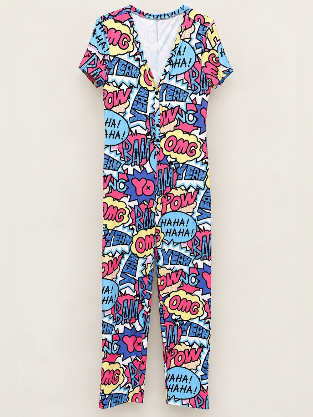 Title: Comic Book Pop Art Jumpsuit Large Colorful Graphic Print